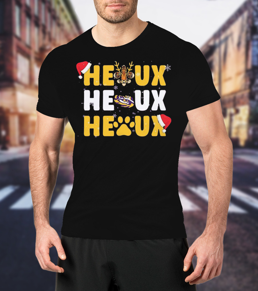 LSU Tigers Heaux Heaux Heaux Christmas Paw Snowflakes Antlers Santa Hat T-Shirt