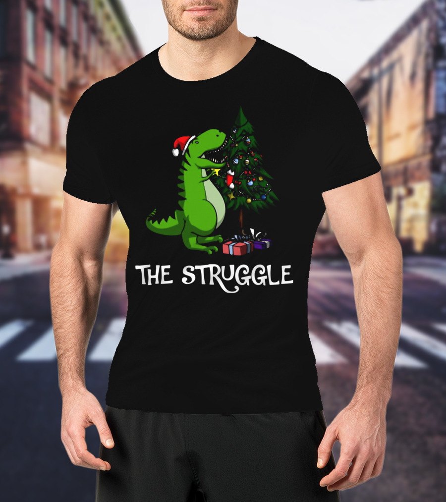 T Rex Dinosaur The Struggle With Christmas Tree T-Shirt