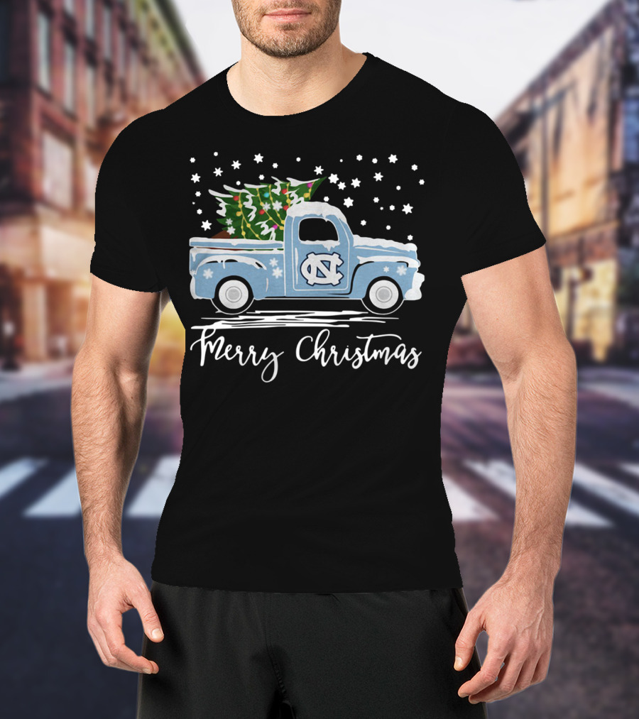 North Carolina Tar Heels Merry Christmas Pickup Truck With Tree T-Shirt