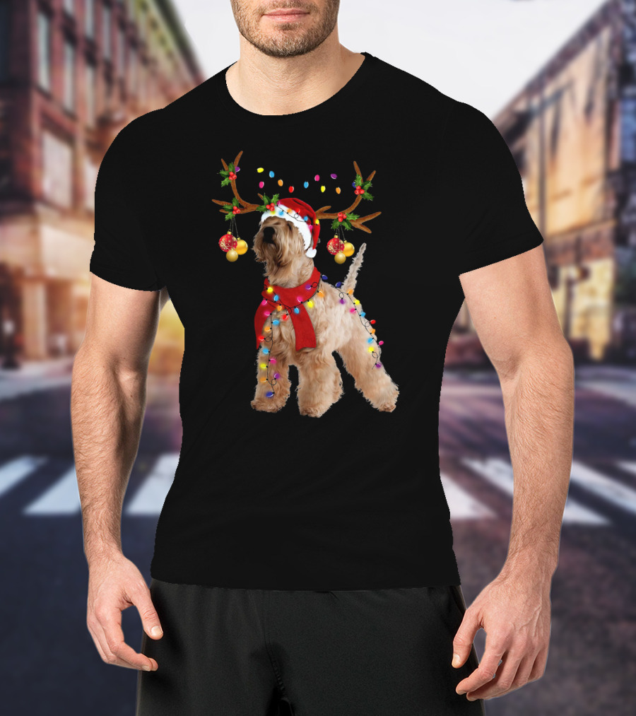 Christmas Wheaten Terrier With Santa Hat And Reindeer Antlers T-Shirt