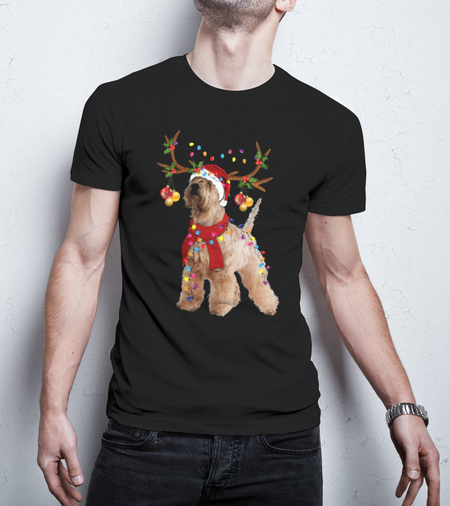 Christmas Wheaten Terrier With Santa Hat And Reindeer Antlers T-Shirt