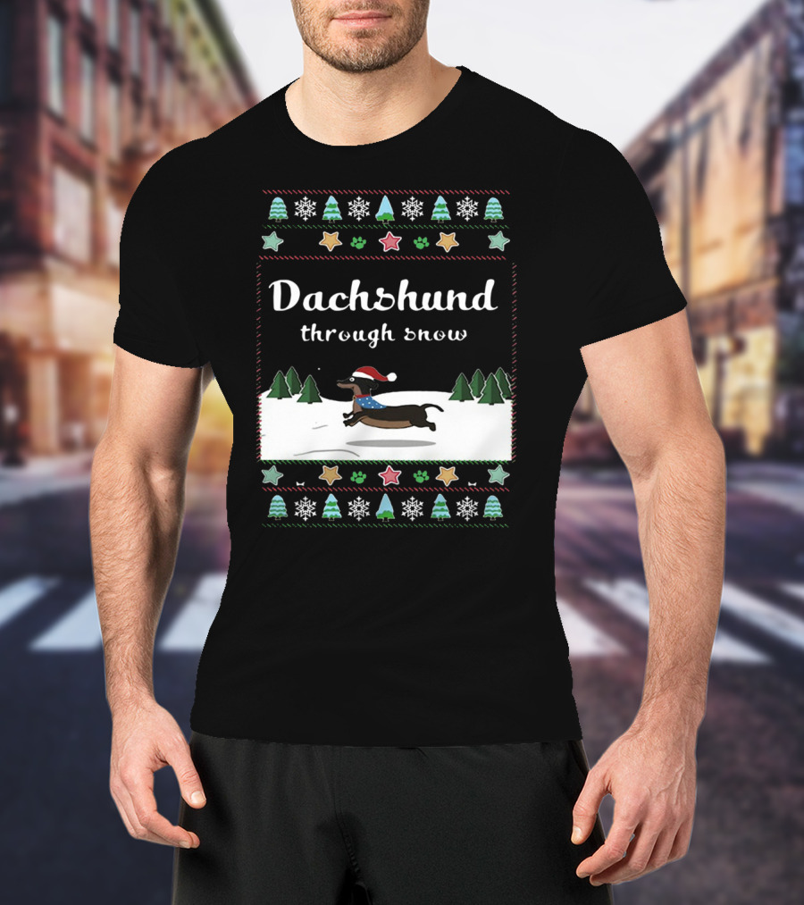 Dachshund Through Snow Christmas Sweater Style With Trees And Stars T-Shirt