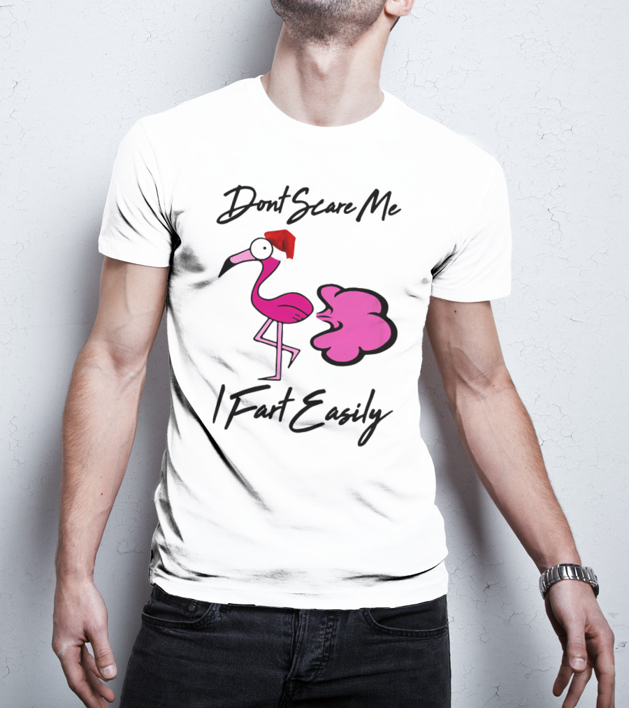 Dont Scare Me I Fart Easily Flamingo With Santa Hat T-Shirt