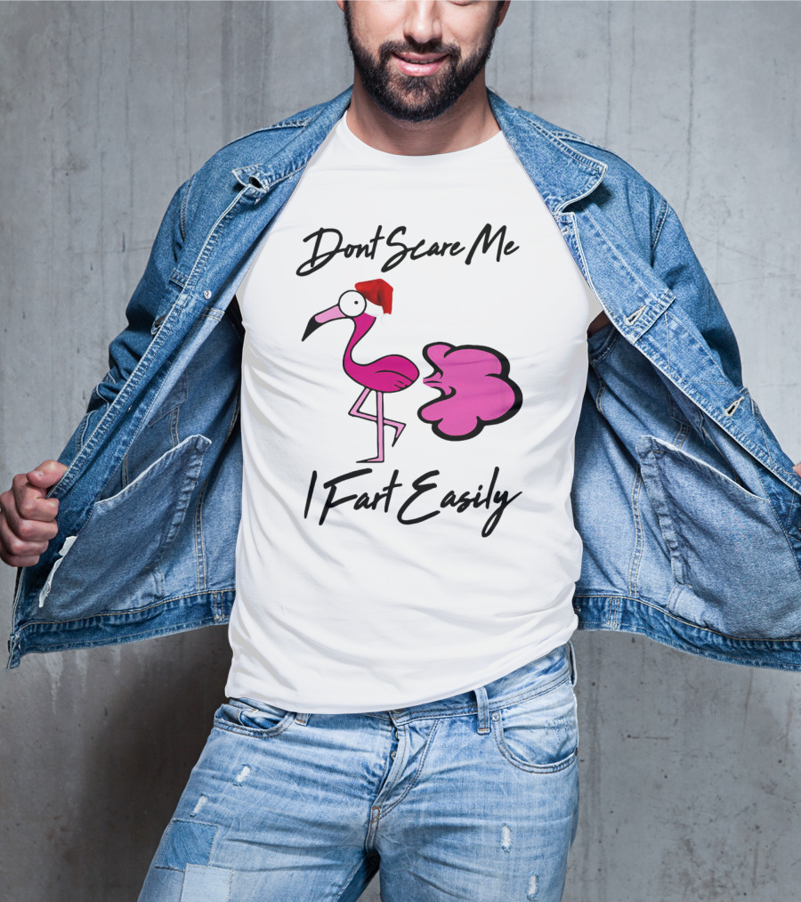 Dont Scare Me I Fart Easily Flamingo With Santa Hat T-Shirt