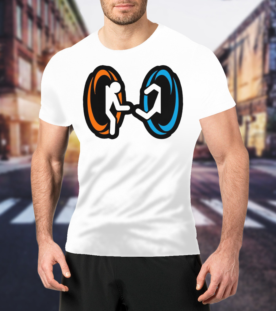 Orange And Blue Portal Stick Figure Couple T-Shirt