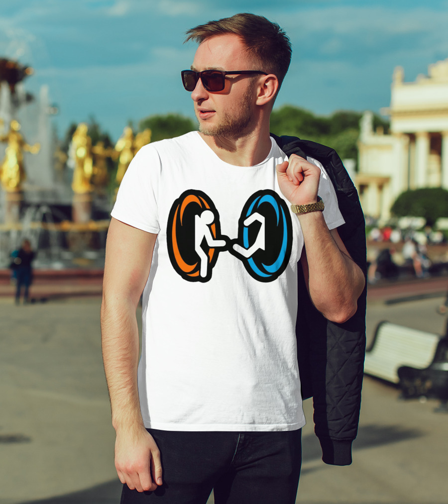Orange And Blue Portal Stick Figure Couple T-Shirt