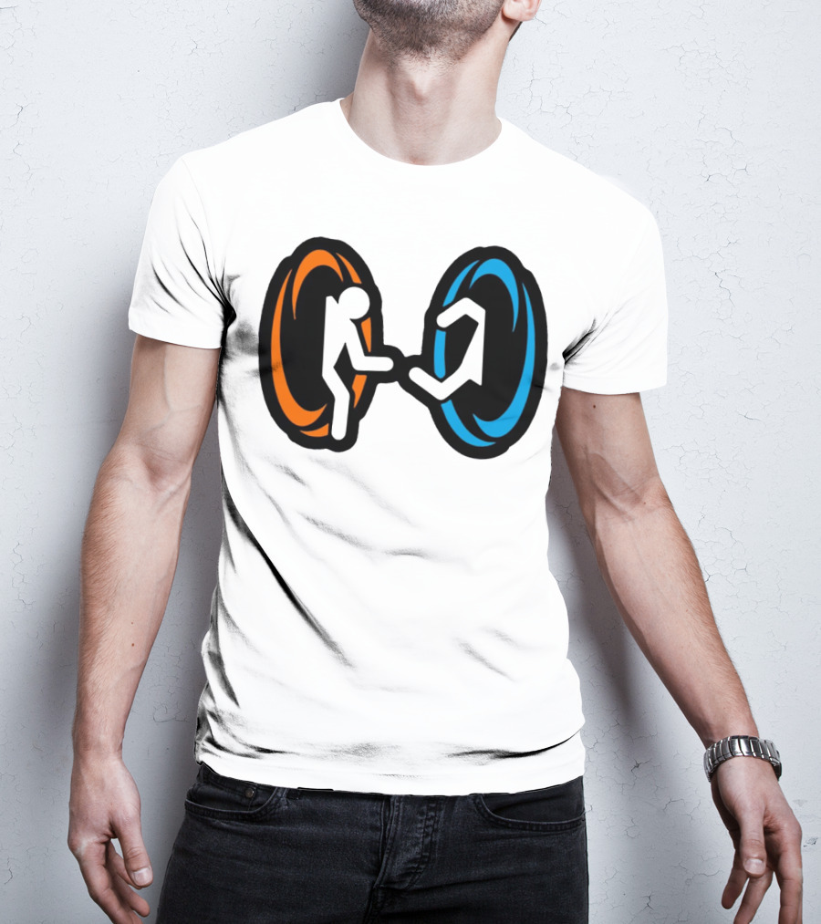 Orange And Blue Portal Stick Figure Couple T-Shirt