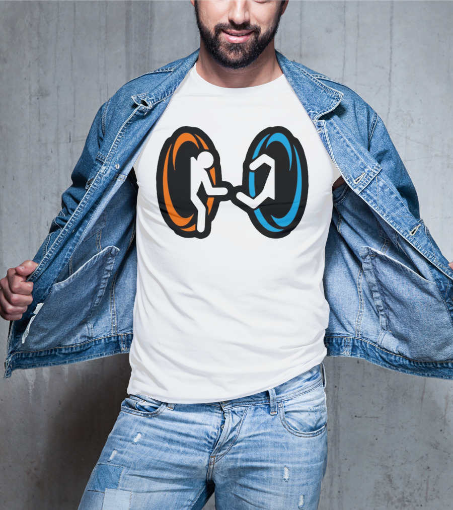 Orange And Blue Portal Stick Figure Couple T-Shirt