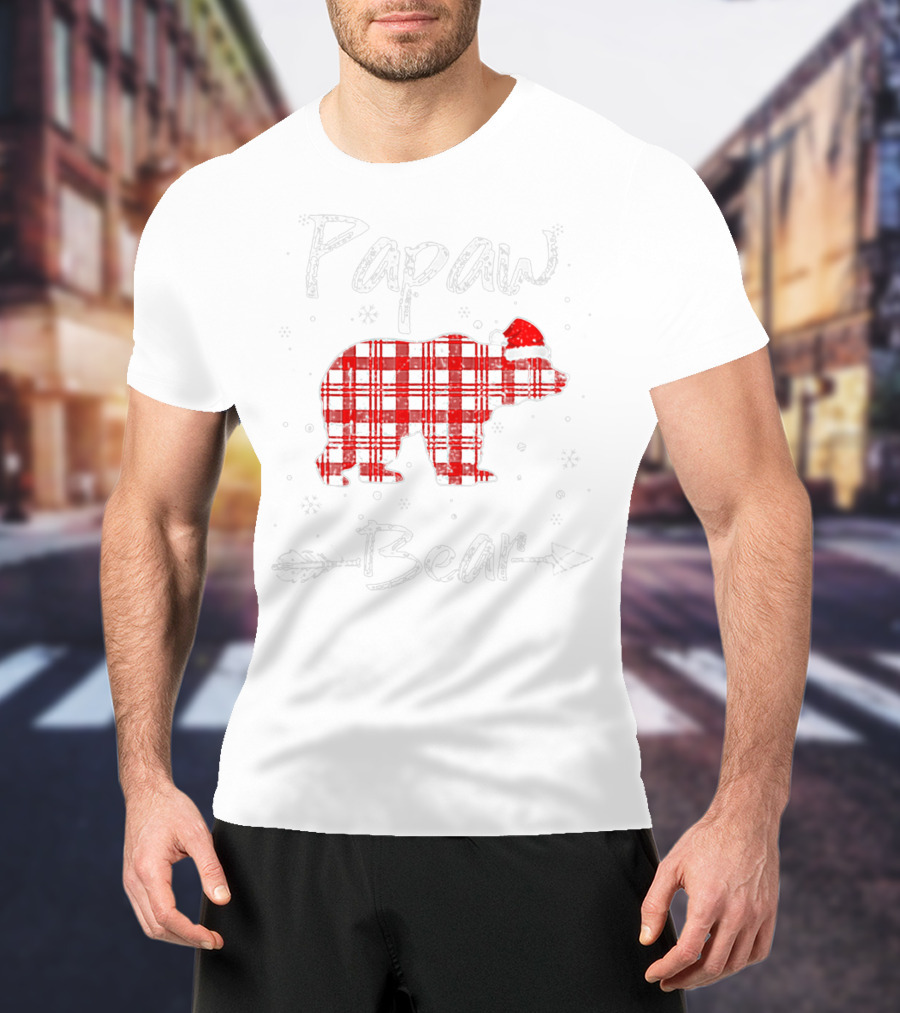 Papaw Bear Red Plaid Santa Hat Winter Holiday Plaid Bear T-Shirt