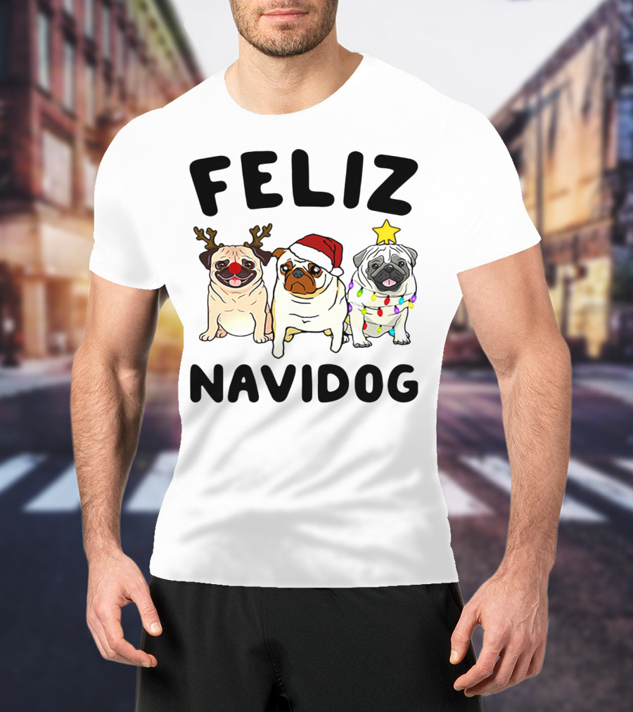 Feliz Navidog Pugs Christmas Reindeer Santa Lights T-Shirt