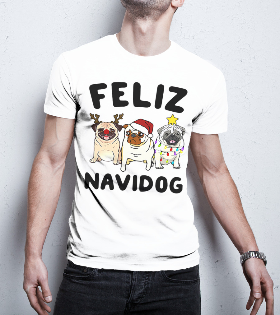 Feliz Navidog Pugs Christmas Reindeer Santa Lights T-Shirt