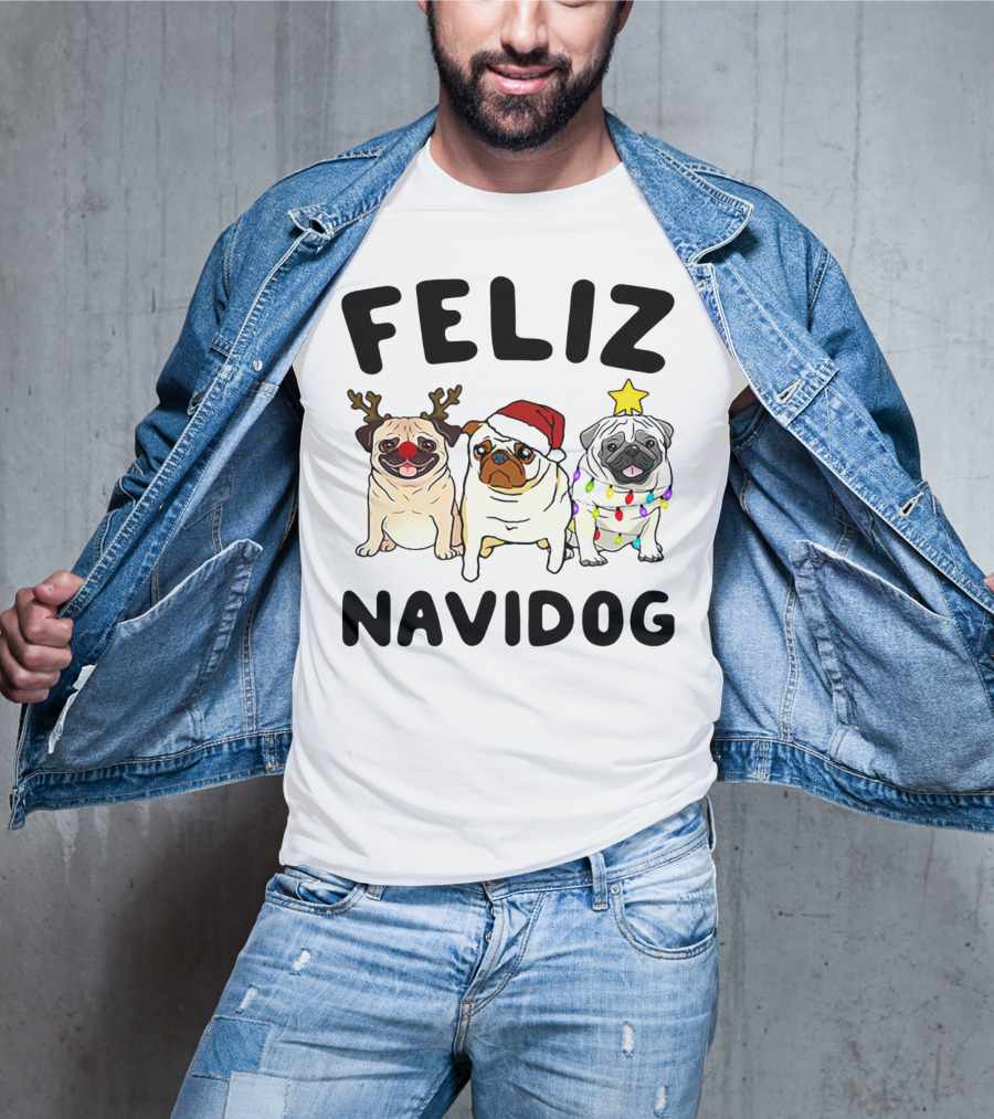 Feliz Navidog Pugs Christmas Reindeer Santa Lights T-Shirt