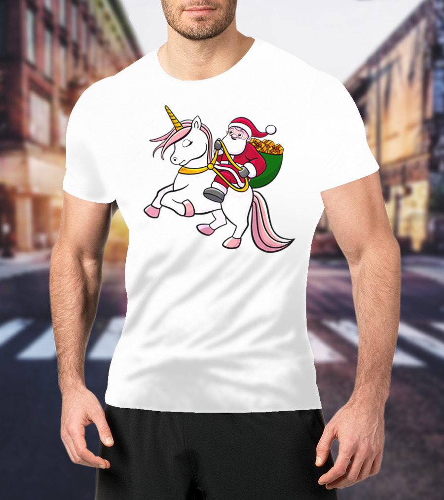 Santa Riding Unicorn With Sack Of Gifts For Cute Girls T-Shirt