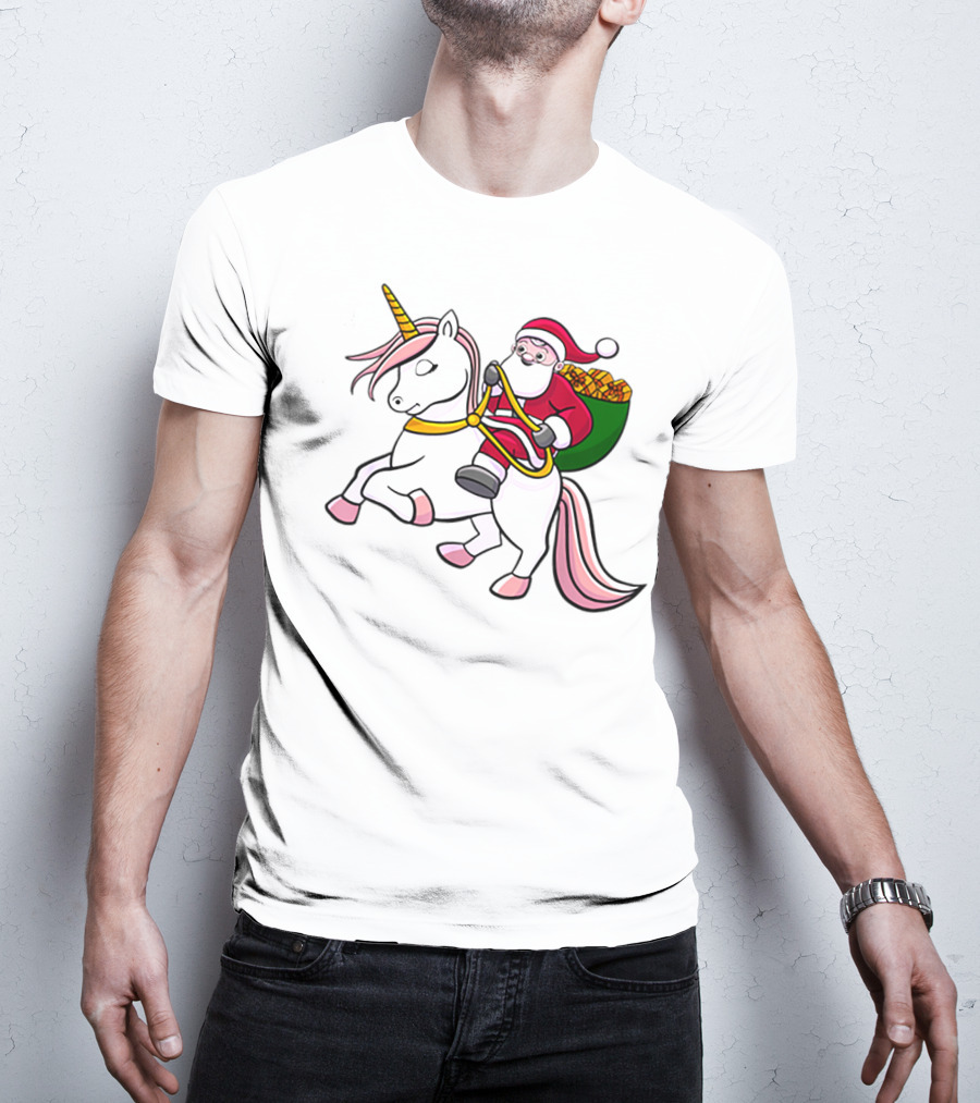 Santa Riding Unicorn With Sack Of Gifts For Cute Girls T-Shirt
