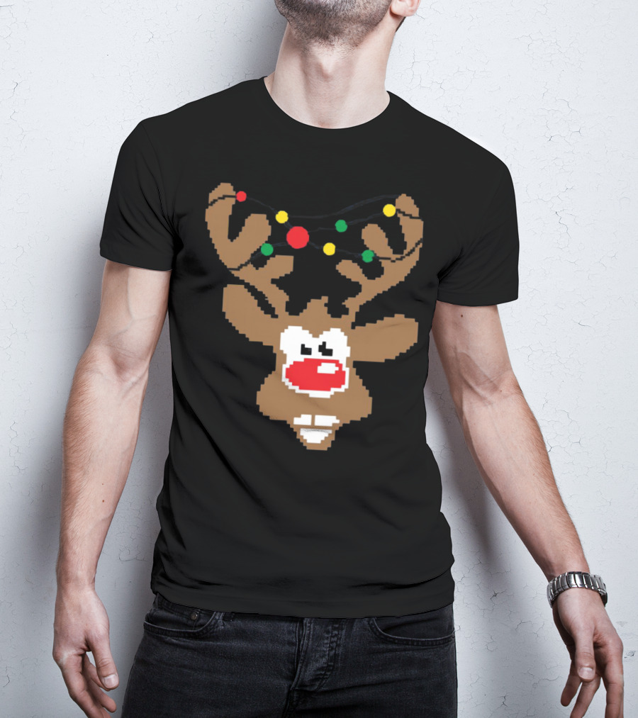 Christmas Youth Pixel Reindeer With Colorful Lights T-Shirt