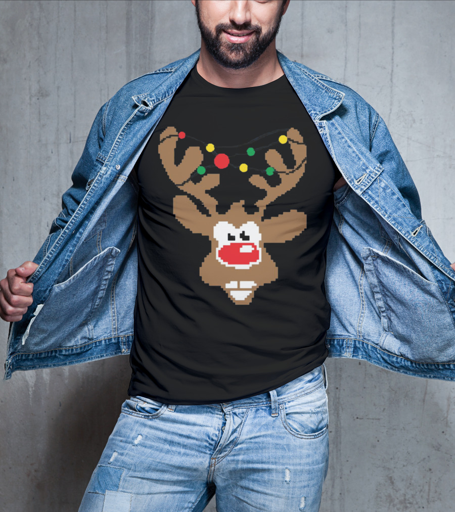 Christmas Youth Pixel Reindeer With Colorful Lights T-Shirt