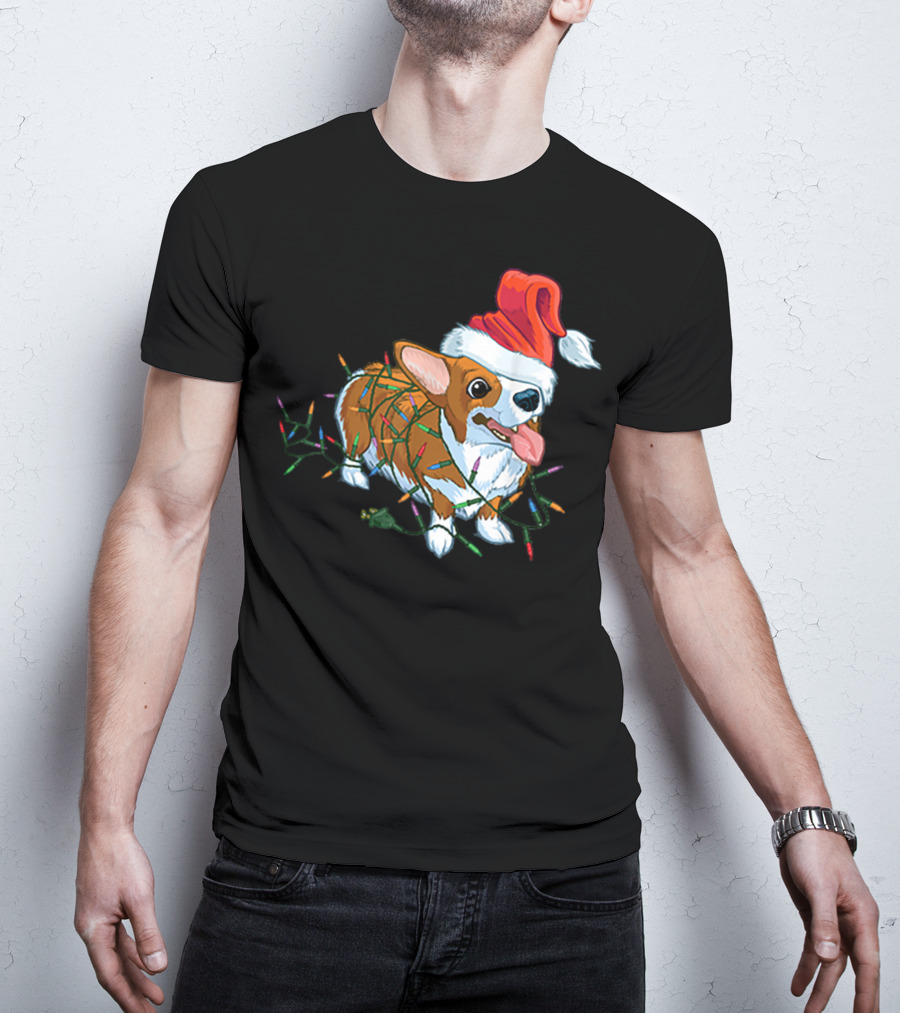 Corgi Christmas Lights Santa Hat T-Shirt