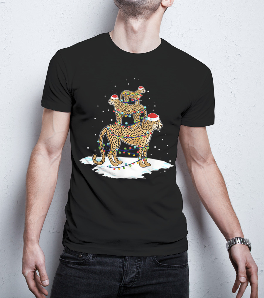 Cheetah Santa Christmas Tree With Festive Lights And Snowflakes T-Shirt