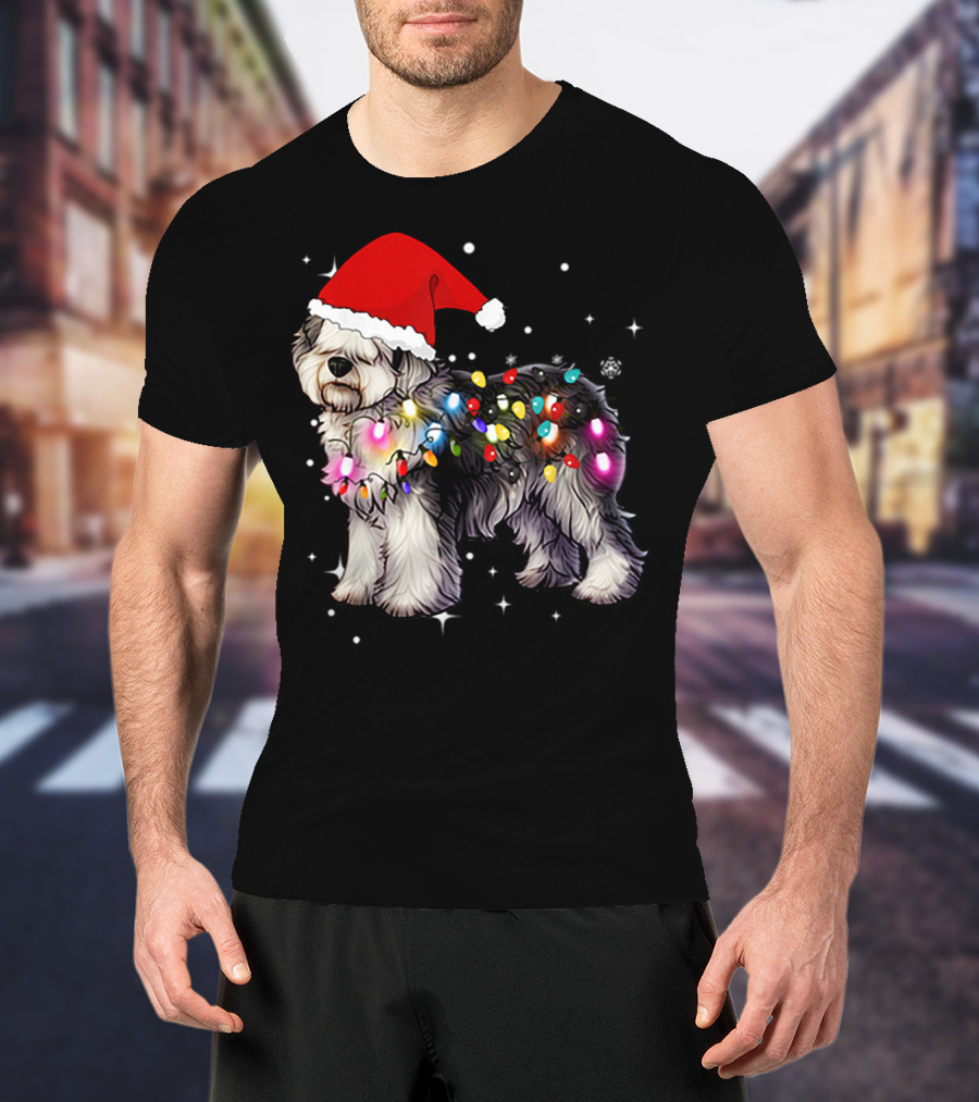 Christmas Lights Olde English Sheepdog Santa Hat T-Shirt