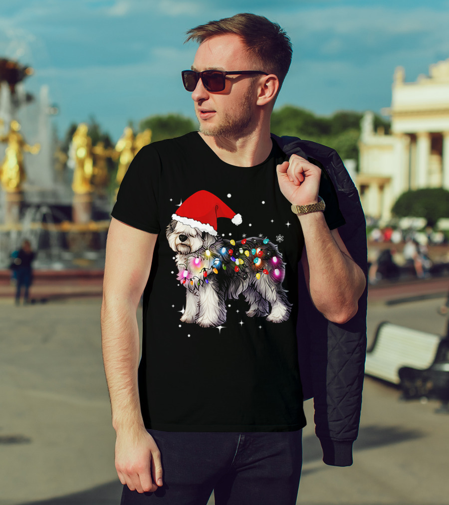 Christmas Lights Olde English Sheepdog Santa Hat T-Shirt