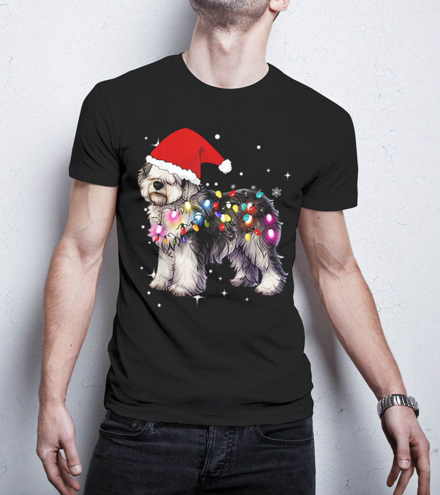 Christmas Lights Olde English Sheepdog Santa Hat T-Shirt