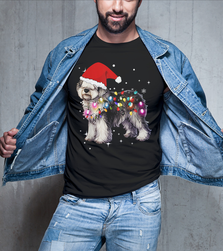 Christmas Lights Olde English Sheepdog Santa Hat T-Shirt