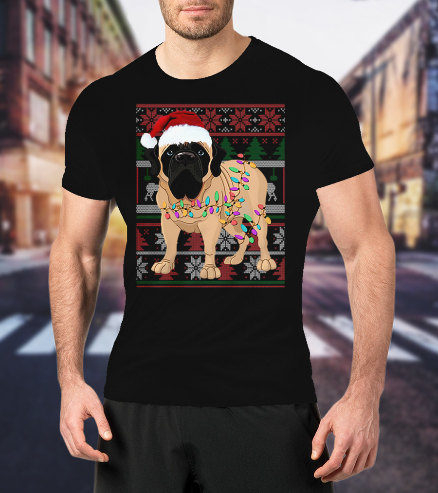 Santa Hat English Mastiff With Christmas Lights And Festive T-Shirt