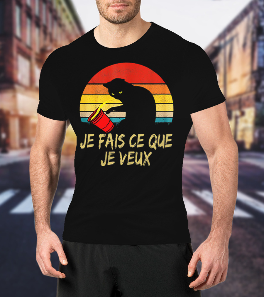 Black Cat Je Fais Ce Que Je Veux Retro Sunset Silhouette 80s T-Shirt