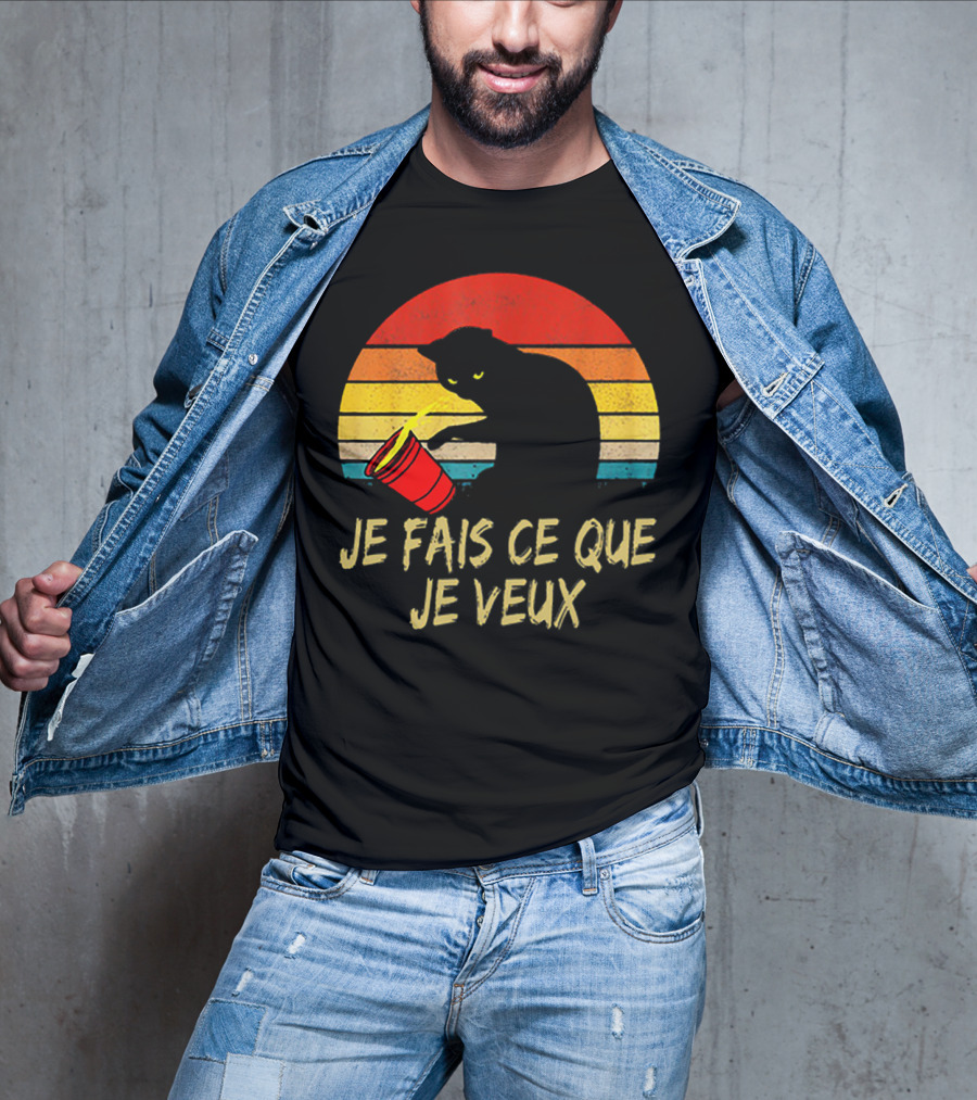 Black Cat Je Fais Ce Que Je Veux Retro Sunset Silhouette 80s T-Shirt