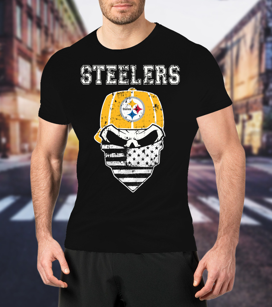 Steelers Skull With American Flag Bandana And Hat T-Shirt