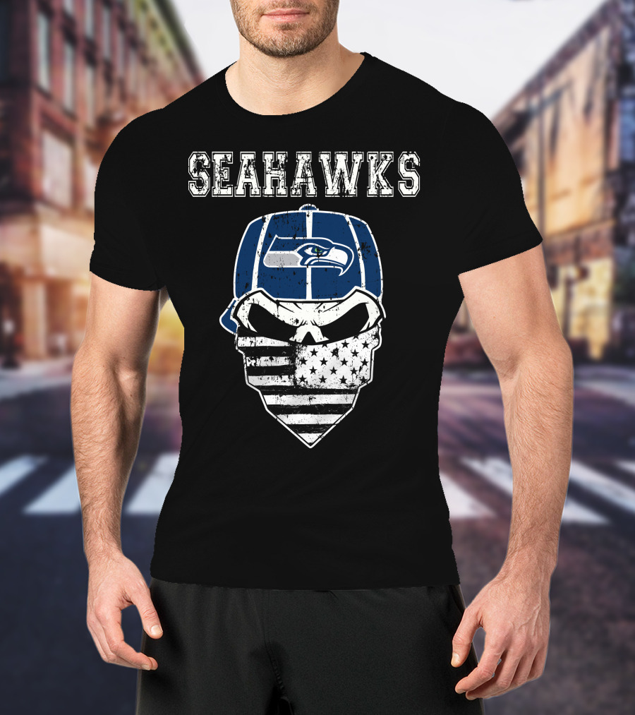 Seahawks Skull With Flag Bandana T-Shirt