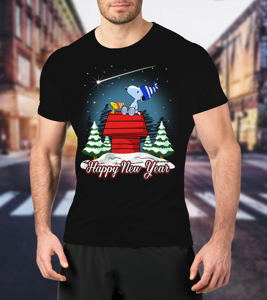 Snoopy Happy New Year With Woodstock On Doghouse Under Starry Sky T-Shirt