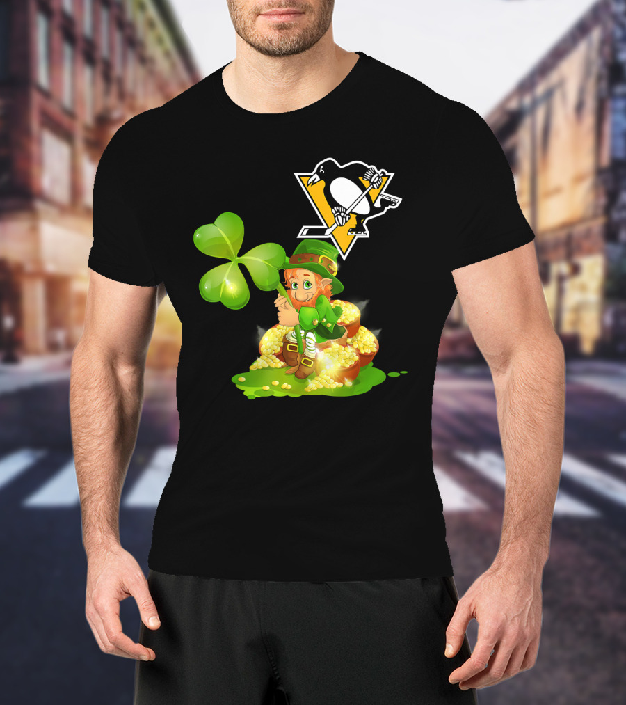 Pittsburgh Penguins St. Patrick's Day Lucky Leprechaun Hockey Shamrock Gold T-Shirt