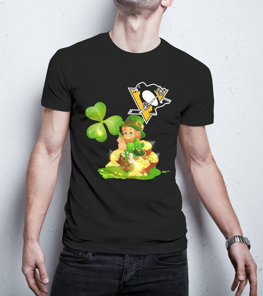 Pittsburgh Penguins St. Patrick's Day Lucky Leprechaun Hockey Shamrock Gold T-Shirt