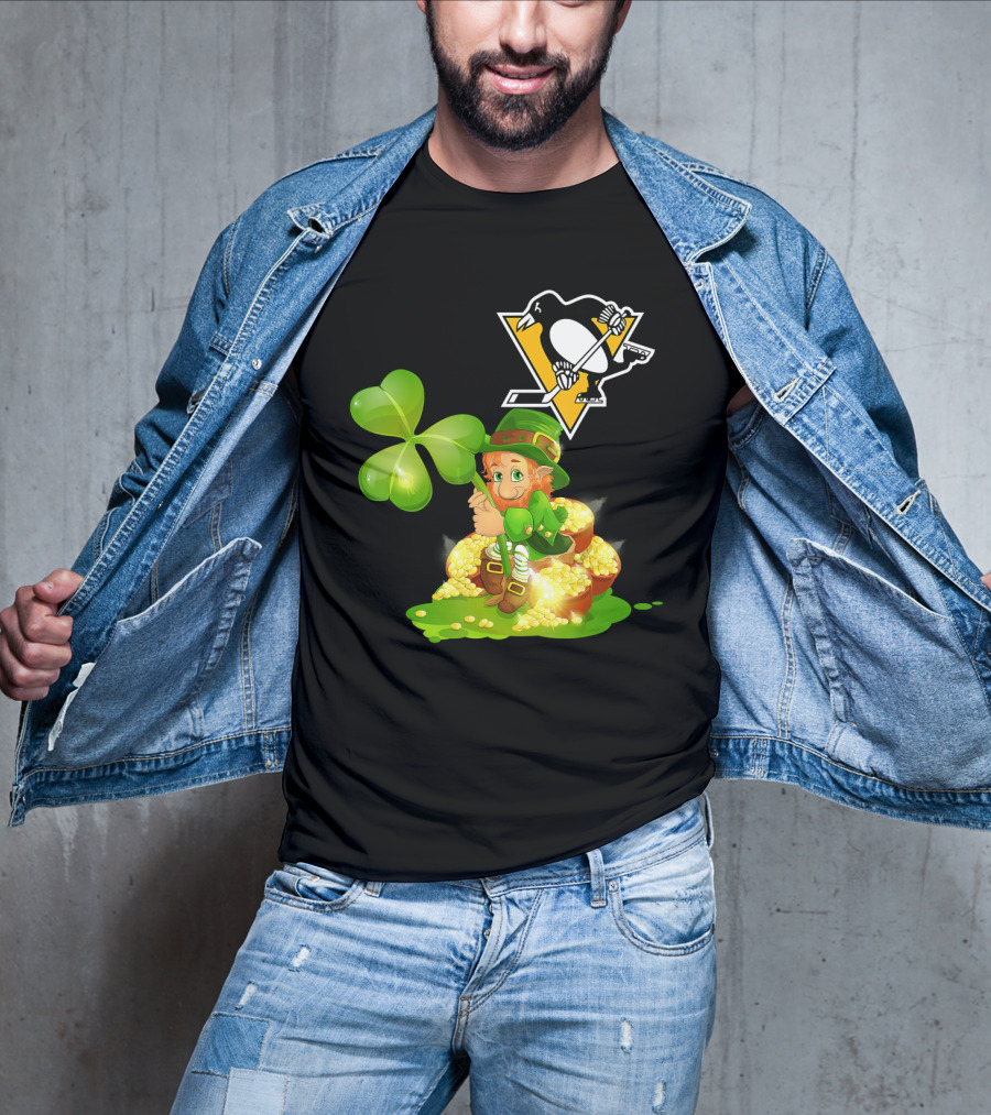 Pittsburgh Penguins St. Patrick's Day Lucky Leprechaun Hockey Shamrock Gold T-Shirt