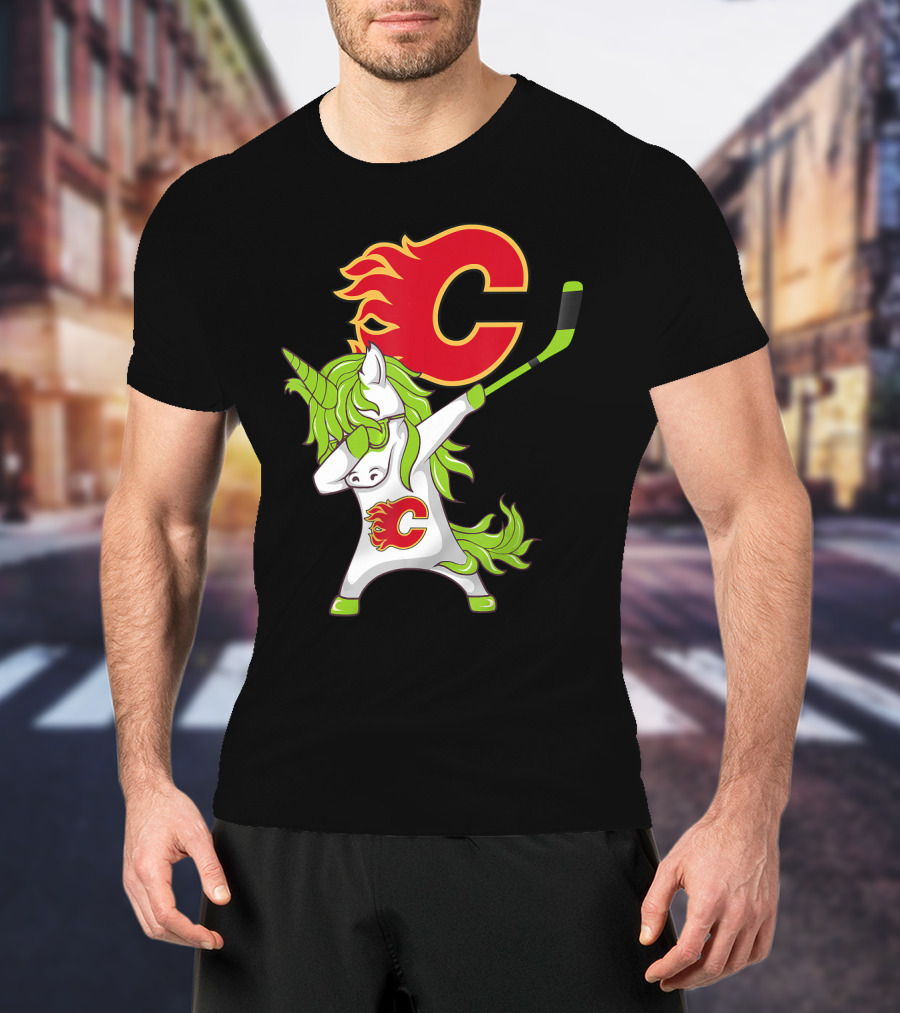 St Patrick Day Dabbing Unicorn Calgary Flames Hockey Stick T-Shirt