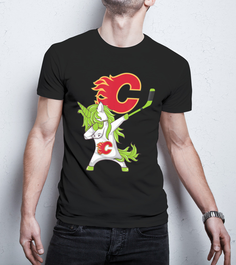 St Patrick Day Dabbing Unicorn Calgary Flames Hockey Stick T-Shirt
