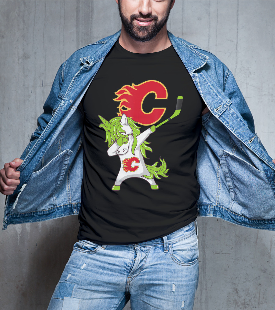 St Patrick Day Dabbing Unicorn Calgary Flames Hockey Stick T-Shirt