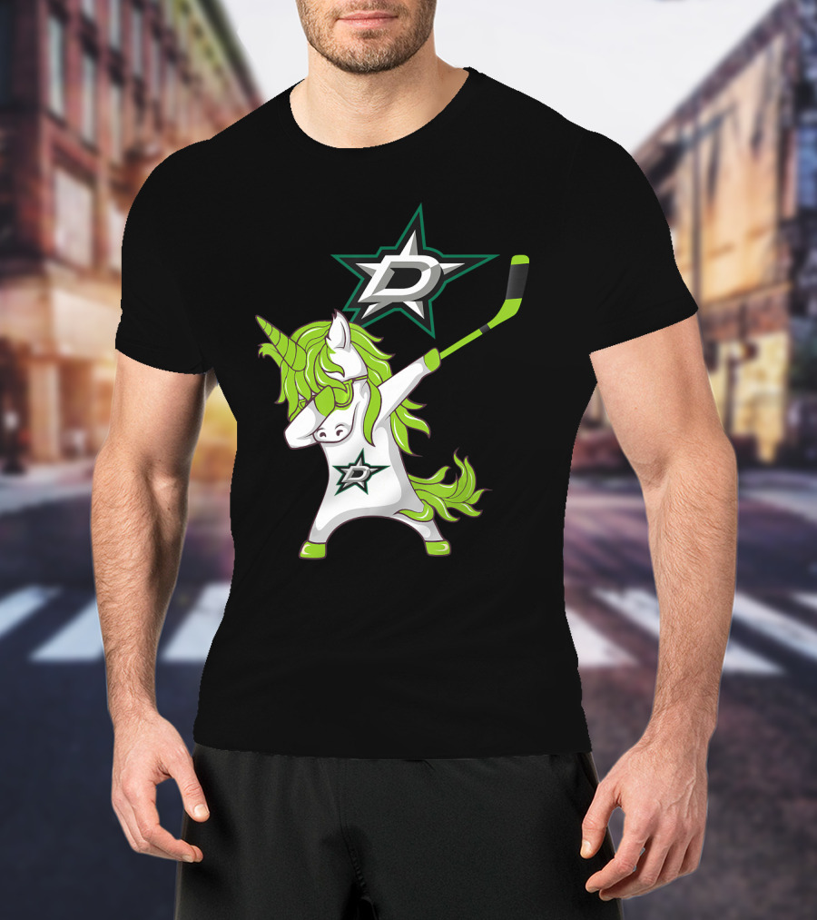St Patrick's Day Dabbing Unicorn With Hockey Stick Dallas Stars T-Shirt