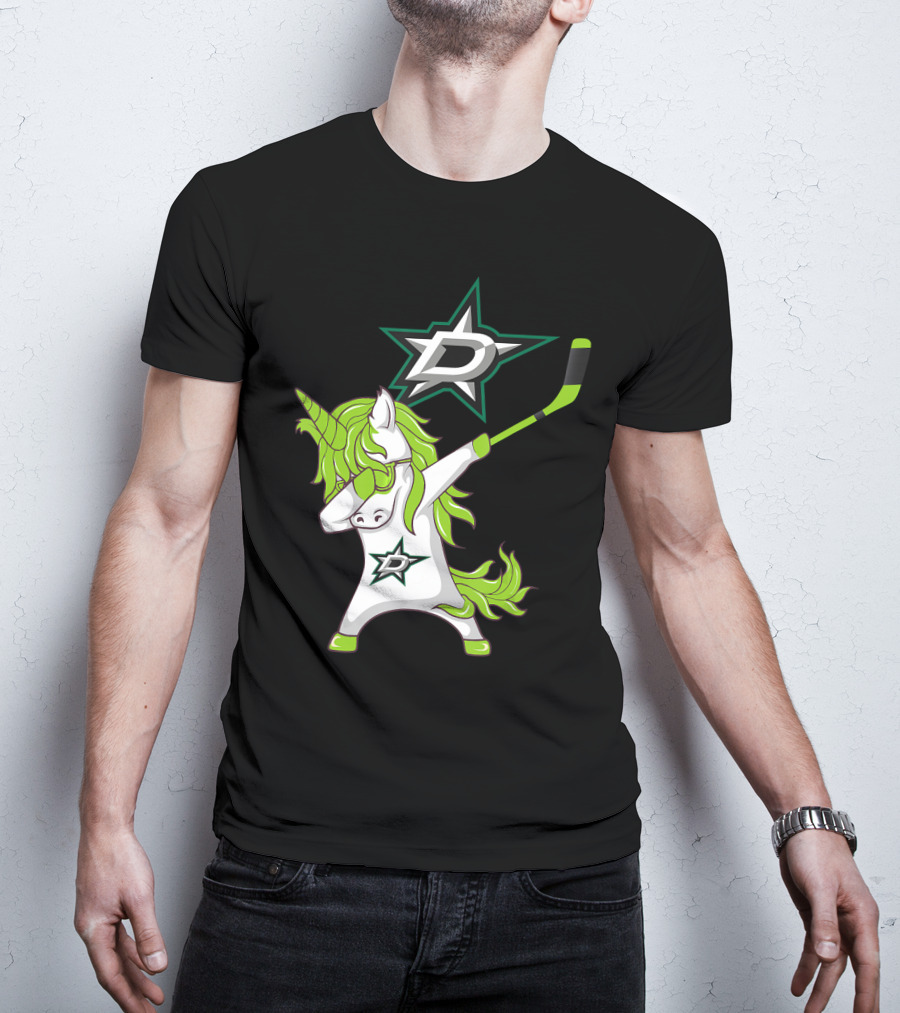 St Patrick's Day Dabbing Unicorn With Hockey Stick Dallas Stars T-Shirt