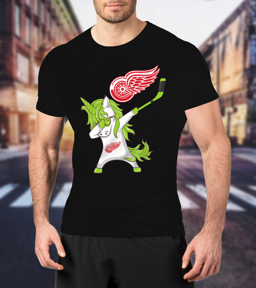 Detroit Red Wings St Patrick's Day Dabbing Unicorn Hockey Stick T-Shirt