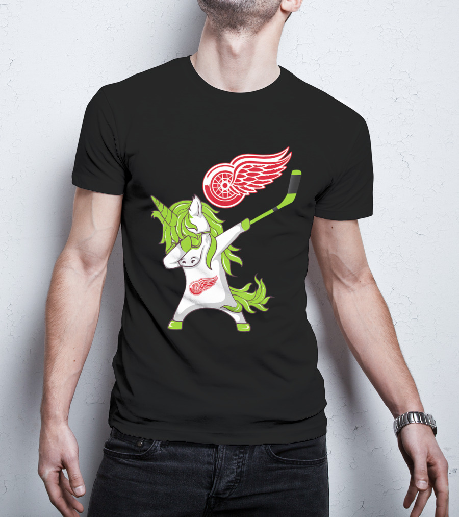 Detroit Red Wings St Patrick's Day Dabbing Unicorn Hockey Stick T-Shirt