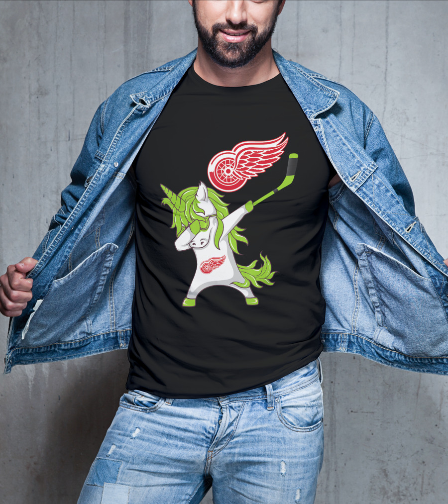Detroit Red Wings St Patrick's Day Dabbing Unicorn Hockey Stick T-Shirt