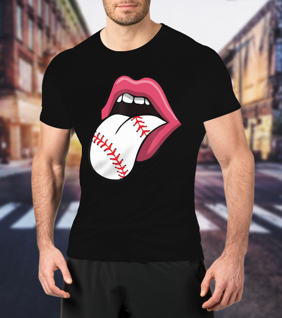 Baseball Red Lips Tongue Stitch T-Shirt