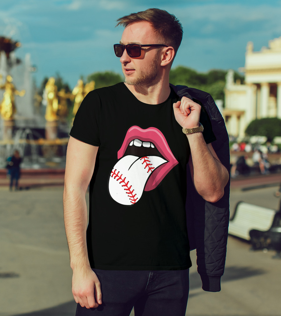 Baseball Red Lips Tongue Stitch T-Shirt
