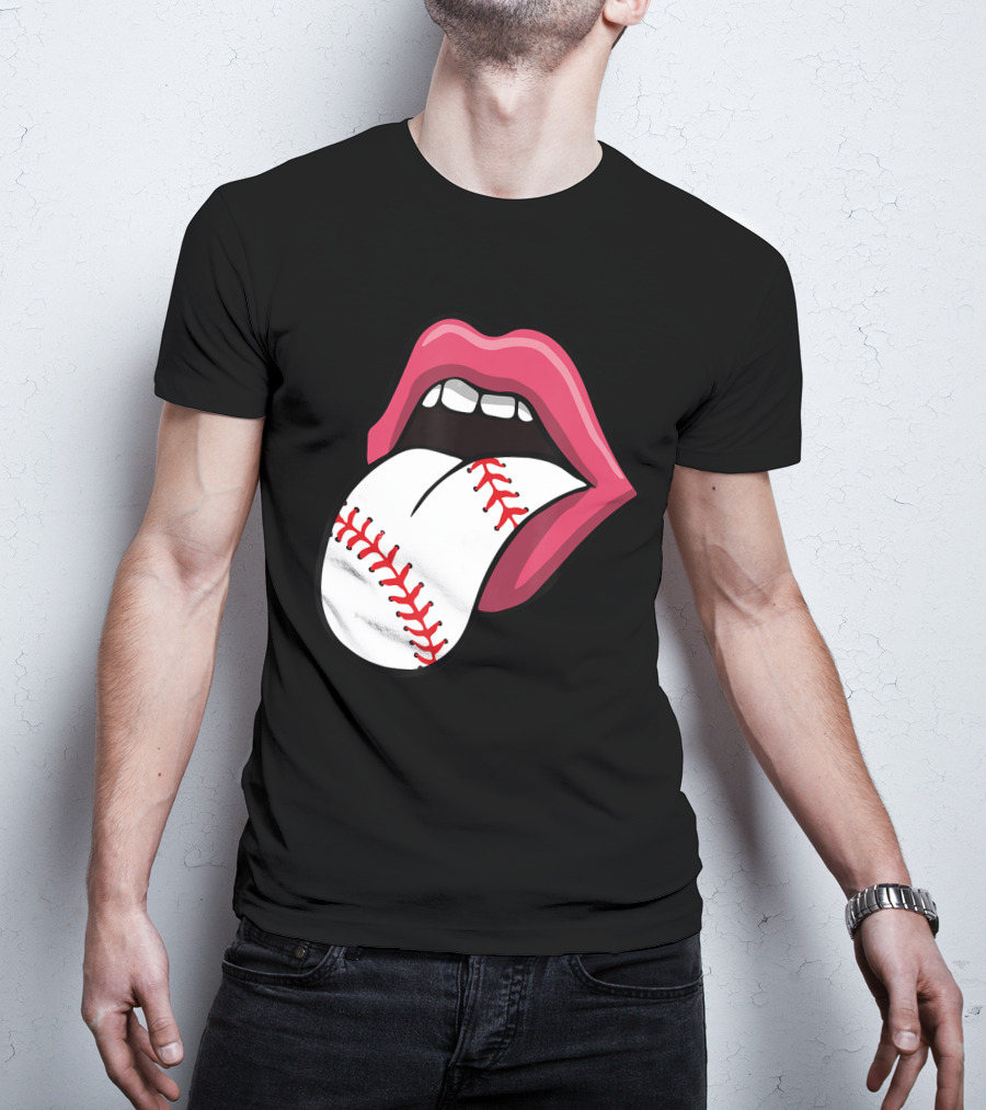 Baseball Red Lips Tongue Stitch T-Shirt