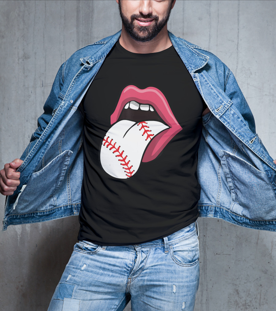 Baseball Red Lips Tongue Stitch T-Shirt