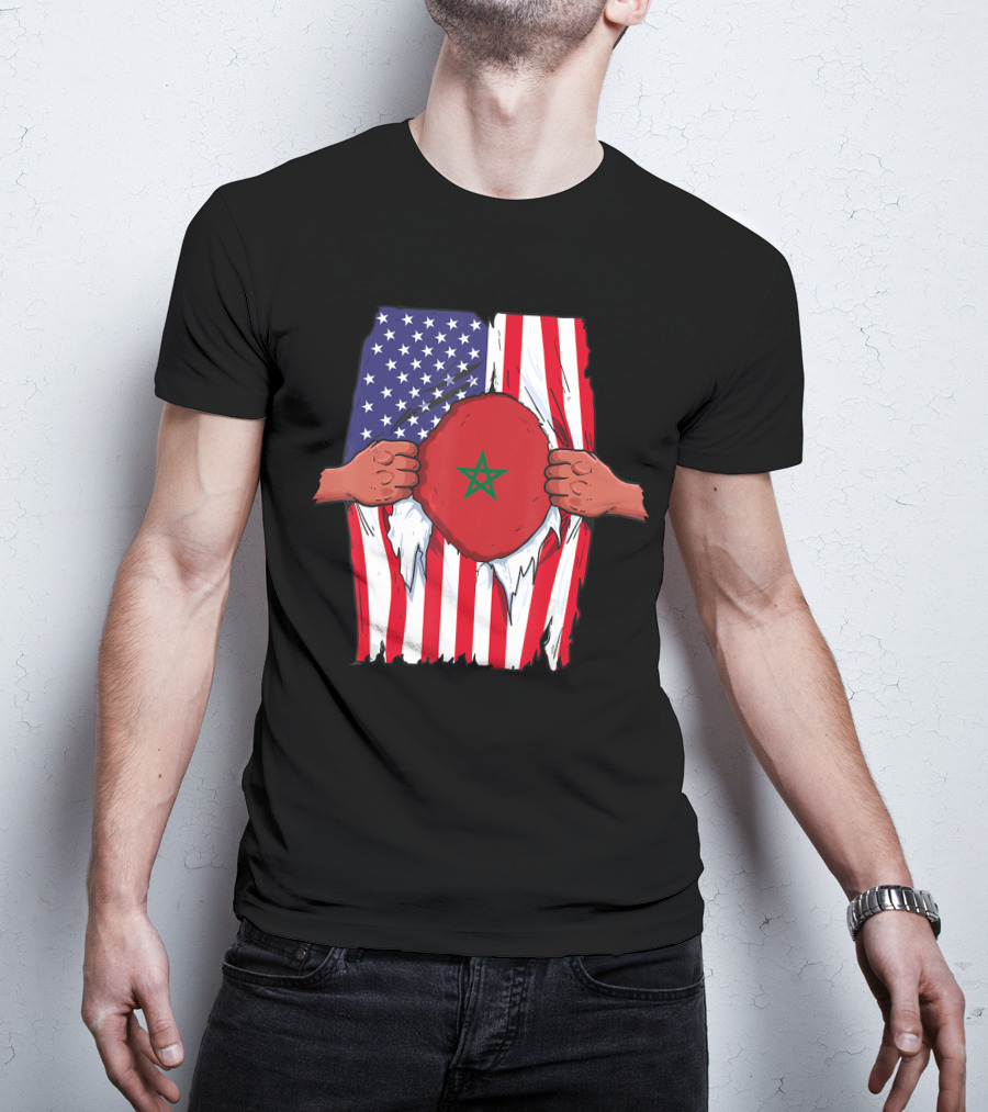 Morocco Flag Inside American Flag Home Pride Moroccan T-Shirt