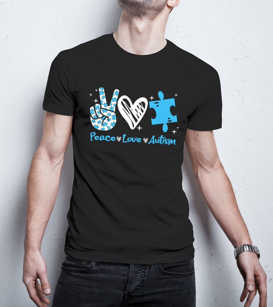 Peace Love Autism Awareness Blue Puzzle Piece T-Shirt