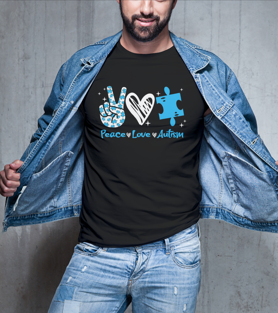 Peace Love Autism Awareness Blue Puzzle Piece T-Shirt